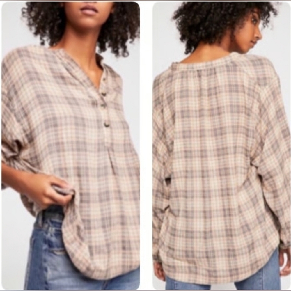 Free People Northern Bound Pullover in Beige Plaid Size XS